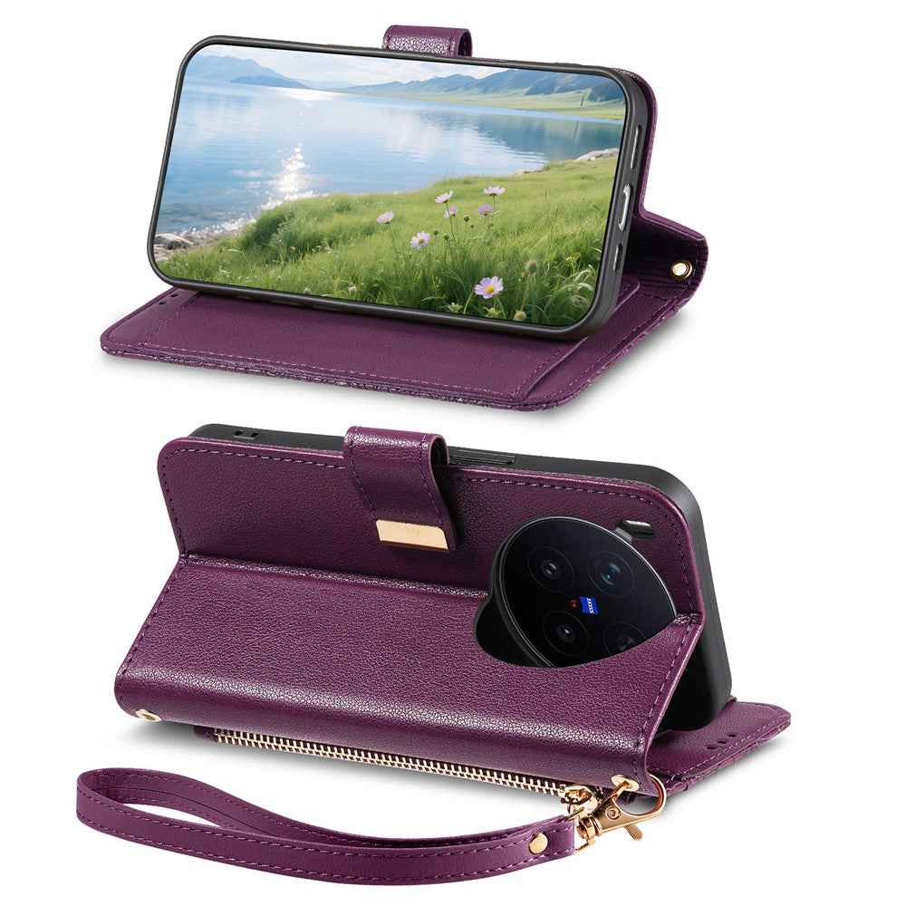 For vivo X300 Pro 5G Case Floral Leaf Pattern Multi Card Slots Zipper Leather Phone Cover with Wrist Strap - Purple