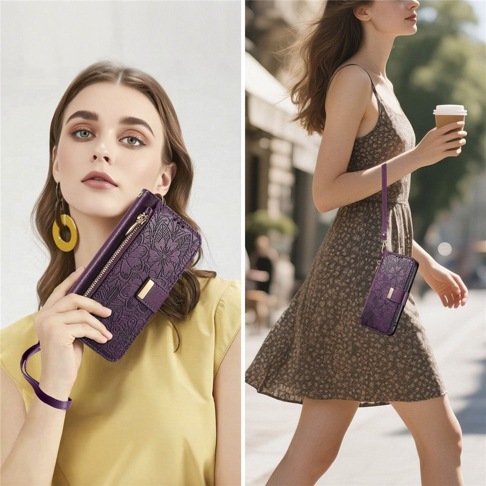 For vivo X300 Pro 5G Case Floral Leaf Pattern Multi Card Slots Zipper Leather Phone Cover with Wrist Strap - Purple