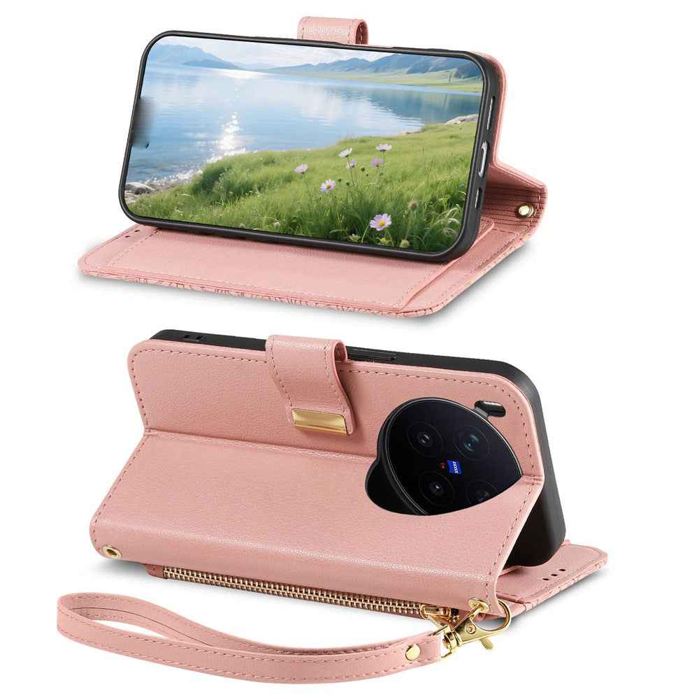 For vivo X300 Pro 5G Case Floral Leaf Pattern Multi Card Slots Zipper Leather Phone Cover with Wrist Strap - Pink