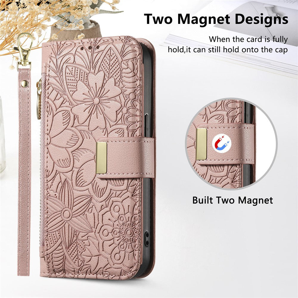For vivo X300 Pro 5G Case Floral Leaf Pattern Multi Card Slots Zipper Leather Phone Cover with Wrist Strap - Pink