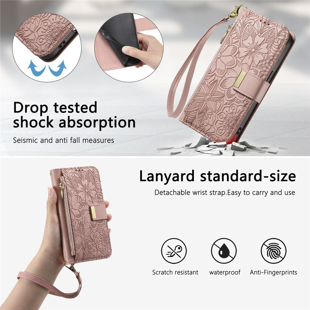 For vivo X300 Pro 5G Case Floral Leaf Pattern Multi Card Slots Zipper Leather Phone Cover with Wrist Strap - Pink