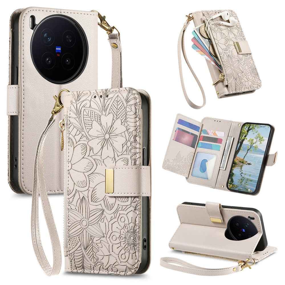 For vivo X300 Pro 5G Case Floral Leaf Pattern Multi Card Slots Zipper Leather Phone Cover with Wrist Strap - Grey