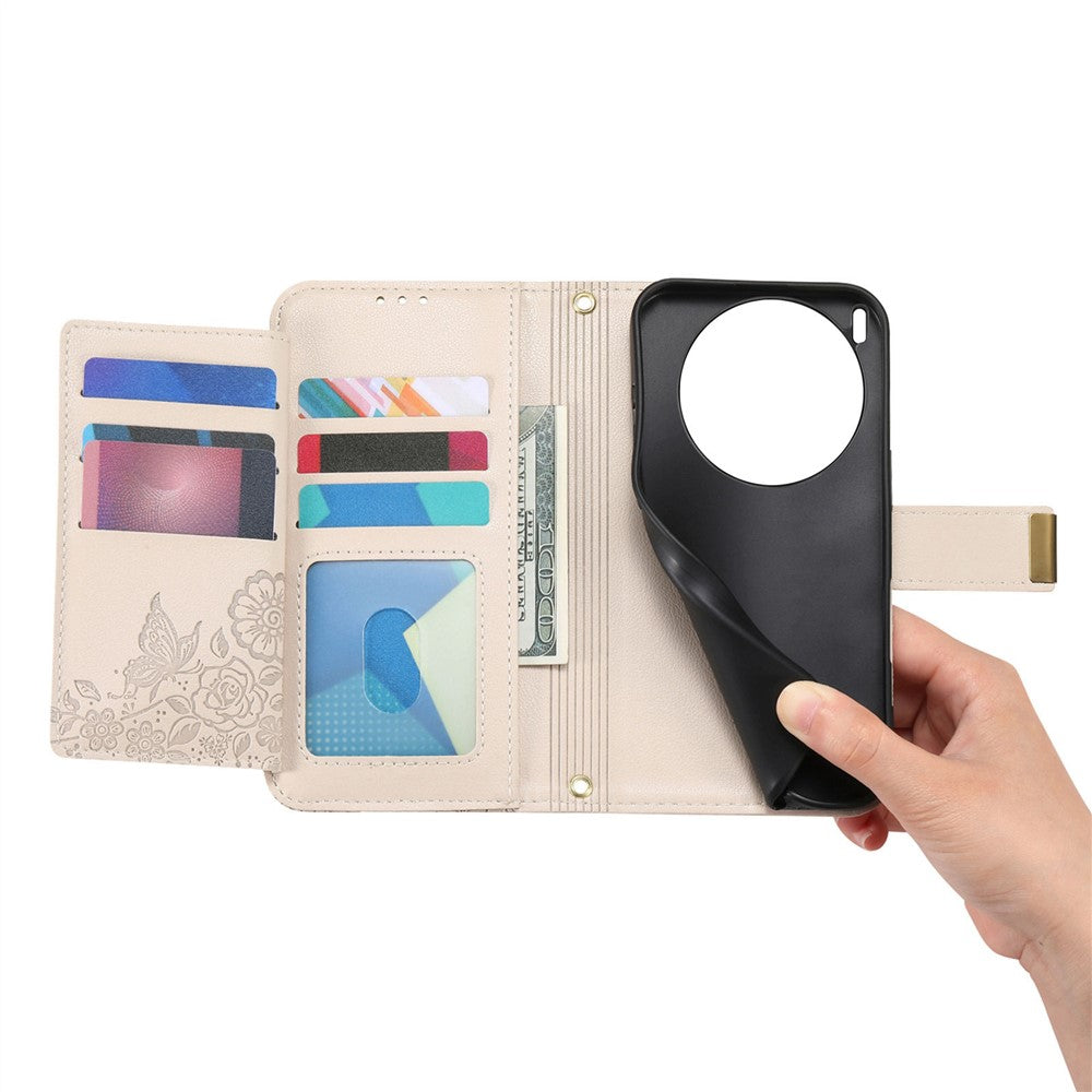 For vivo X300 Pro 5G Case Floral Leaf Pattern Multi Card Slots Zipper Leather Phone Cover with Wrist Strap - Grey