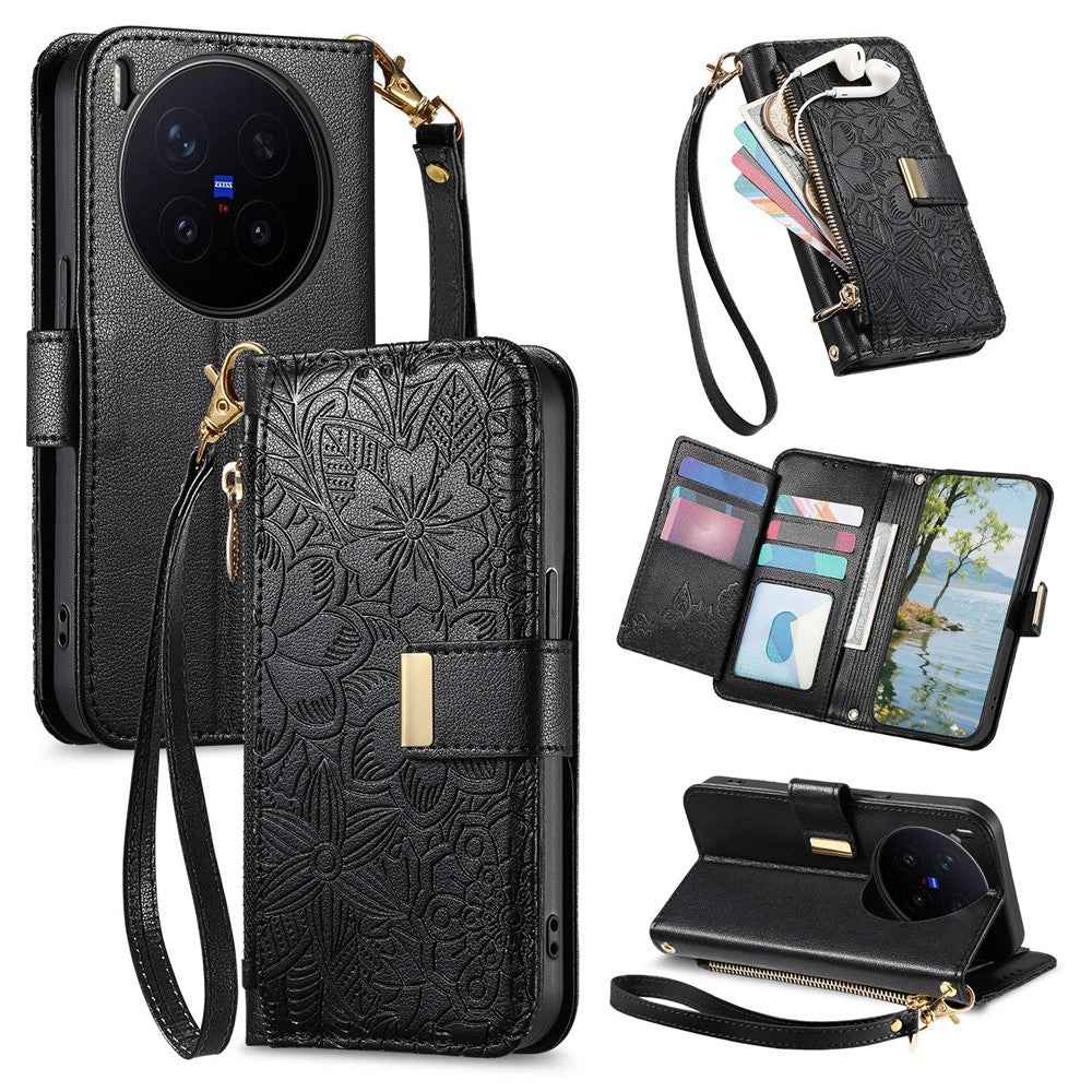 For vivo X300 Pro 5G Case Floral Leaf Pattern Multi Card Slots Zipper Leather Phone Cover with Wrist Strap - Black