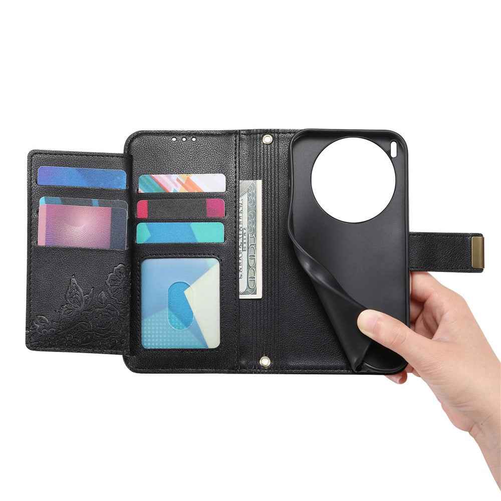 For vivo X300 Pro 5G Case Floral Leaf Pattern Multi Card Slots Zipper Leather Phone Cover with Wrist Strap - Black