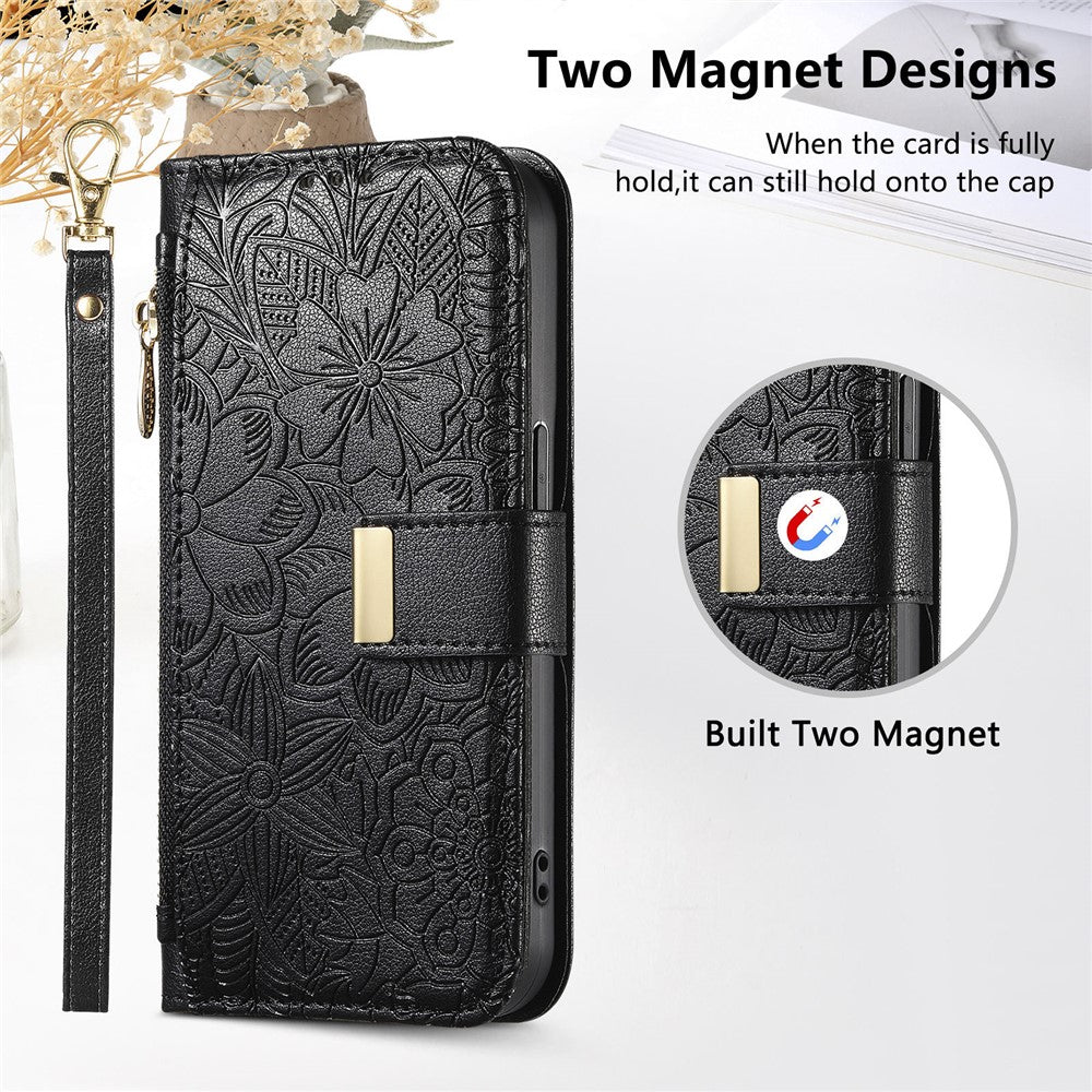 For vivo X300 Pro 5G Case Floral Leaf Pattern Multi Card Slots Zipper Leather Phone Cover with Wrist Strap - Black