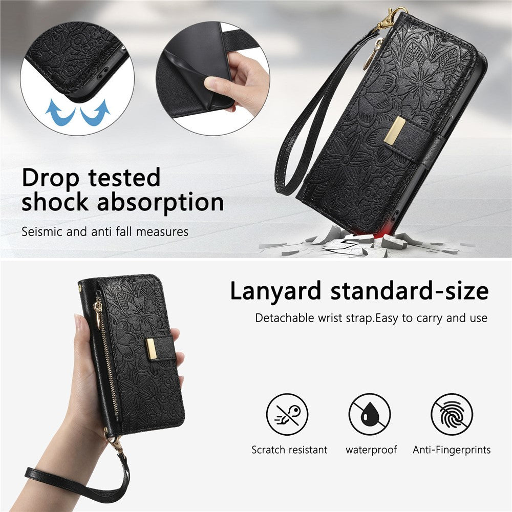 For vivo X300 Pro 5G Case Floral Leaf Pattern Multi Card Slots Zipper Leather Phone Cover with Wrist Strap - Black