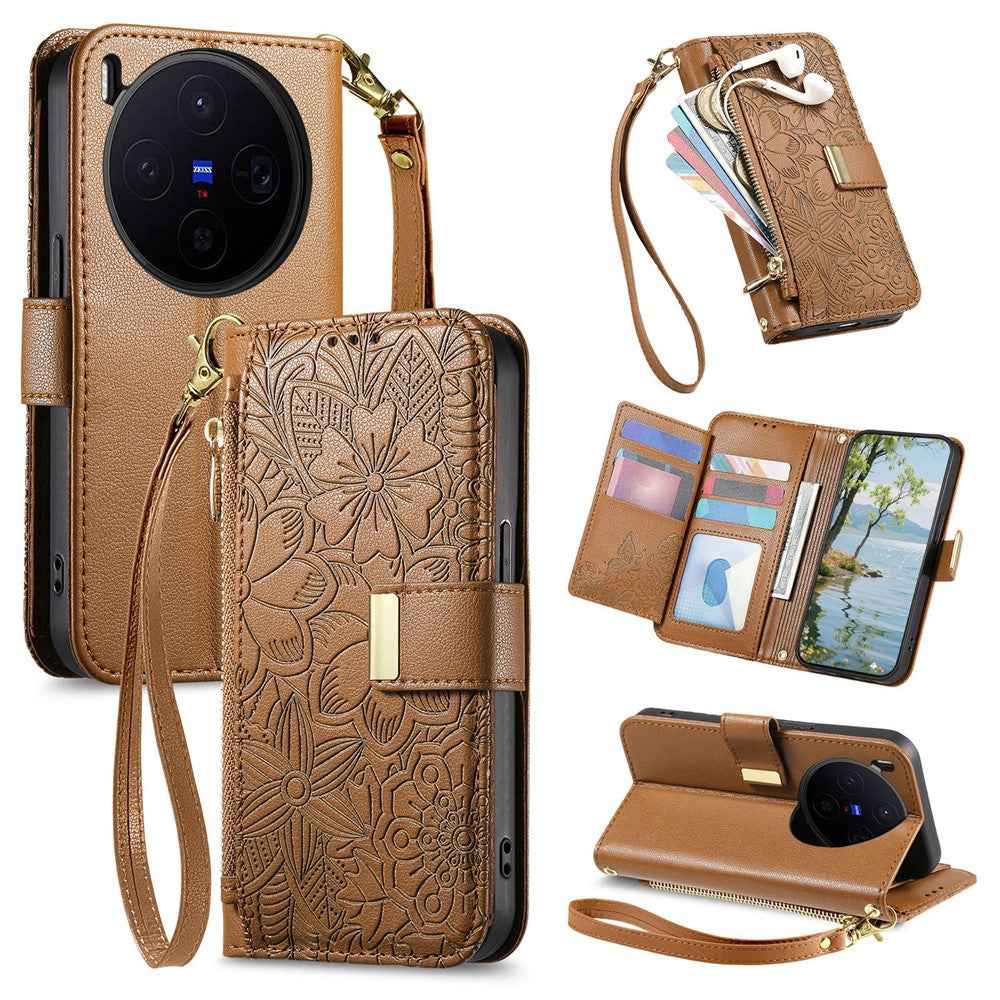 For vivo X300 5G Case Floral Leaf Pattern Multi Card Slots Zipper Leather Phone Cover with Wrist Strap - Brown
