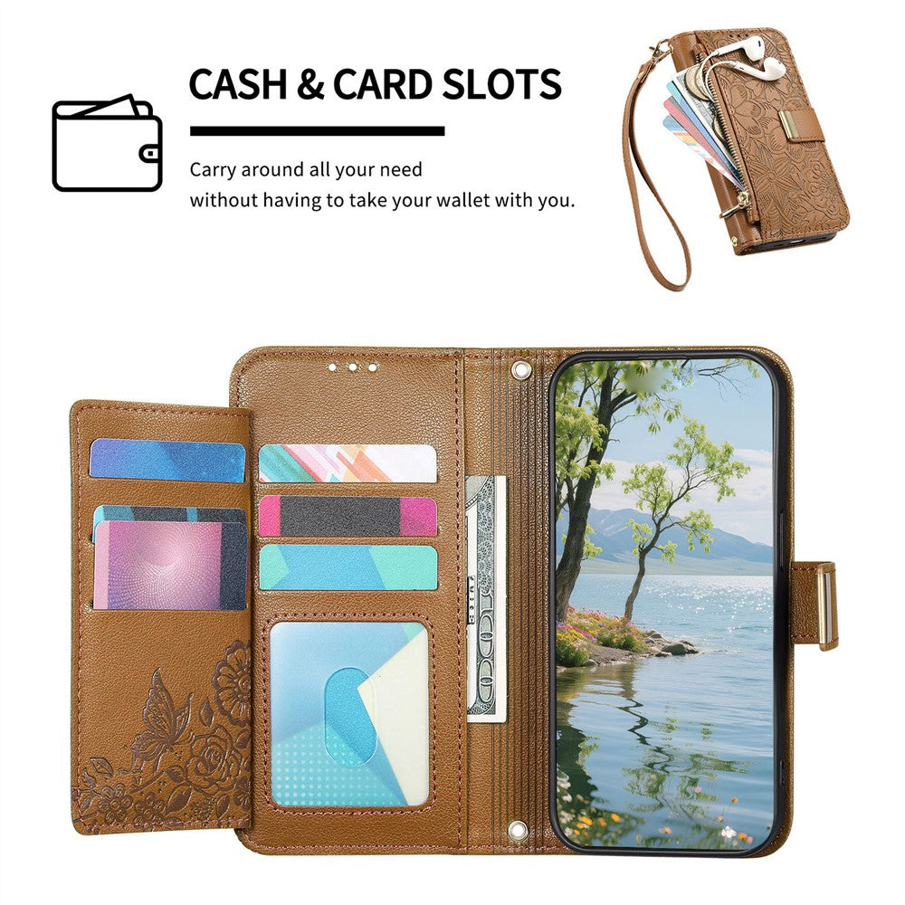 For vivo X300 5G Case Floral Leaf Pattern Multi Card Slots Zipper Leather Phone Cover with Wrist Strap - Brown
