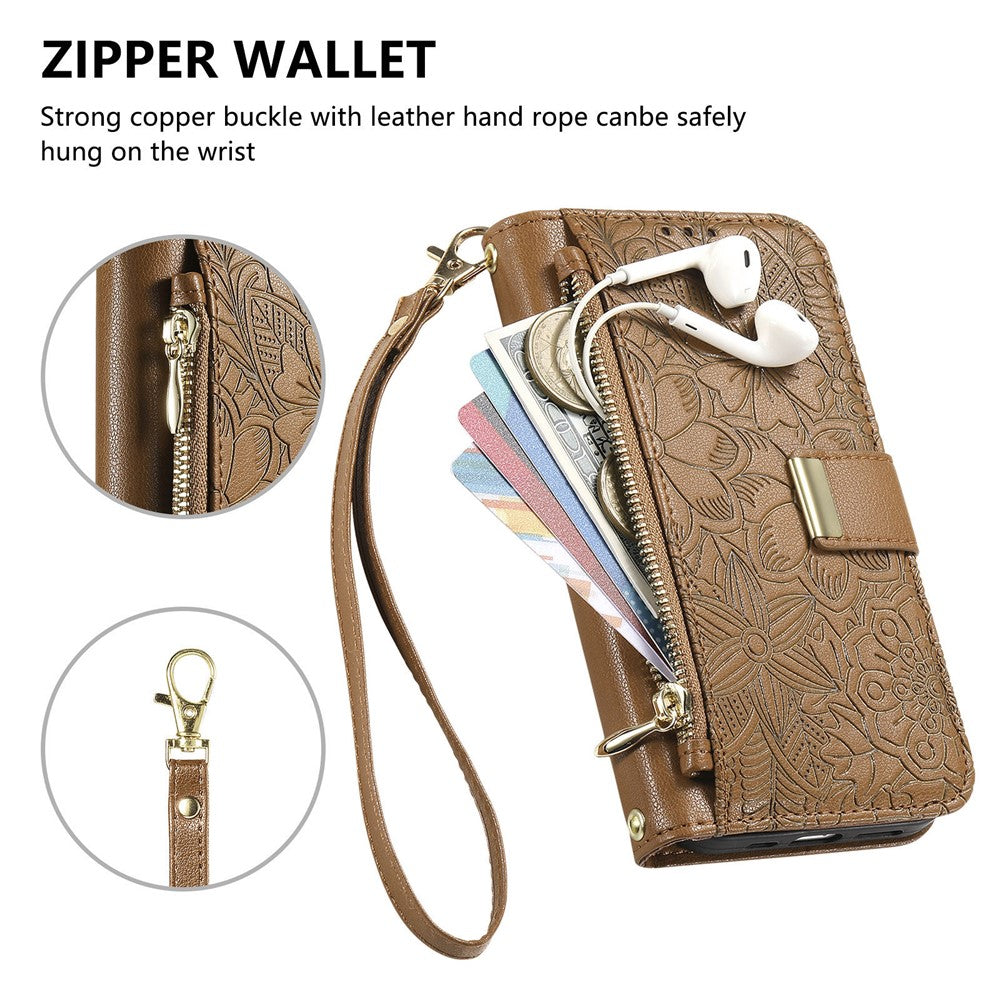 For vivo X300 5G Case Floral Leaf Pattern Multi Card Slots Zipper Leather Phone Cover with Wrist Strap - Brown