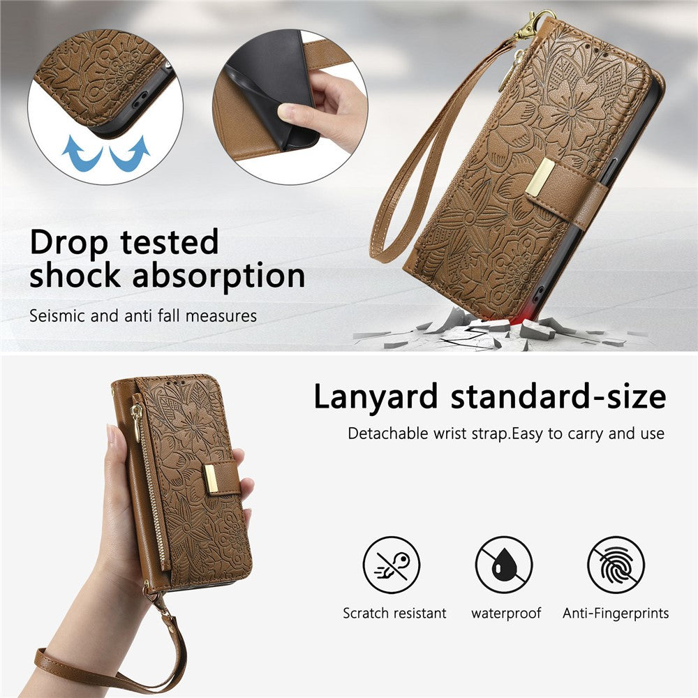 For vivo X300 5G Case Floral Leaf Pattern Multi Card Slots Zipper Leather Phone Cover with Wrist Strap - Brown