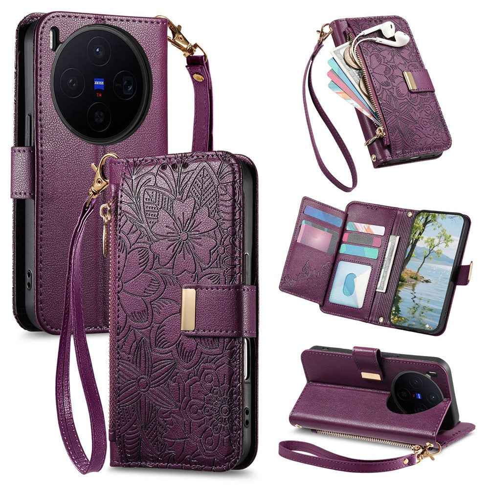 For vivo X300 5G Case Floral Leaf Pattern Multi Card Slots Zipper Leather Phone Cover with Wrist Strap - Purple