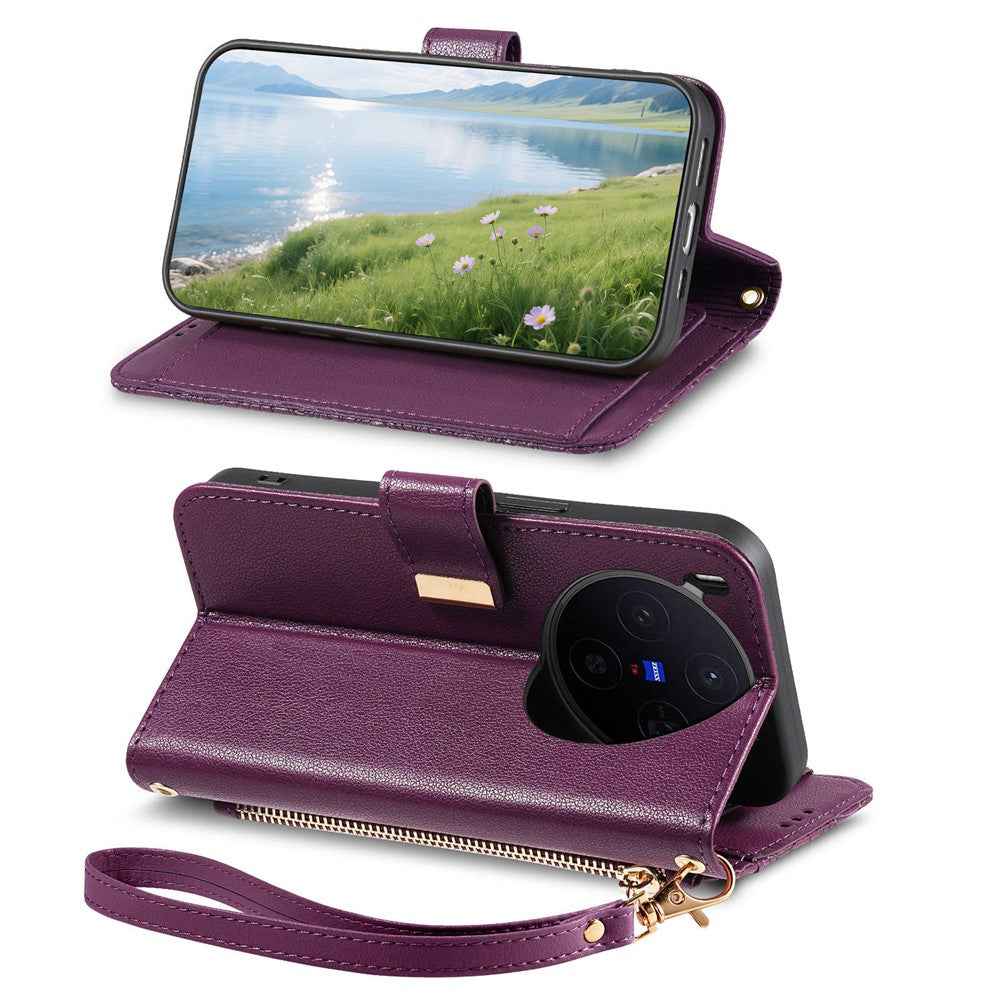 For vivo X300 5G Case Floral Leaf Pattern Multi Card Slots Zipper Leather Phone Cover with Wrist Strap - Purple