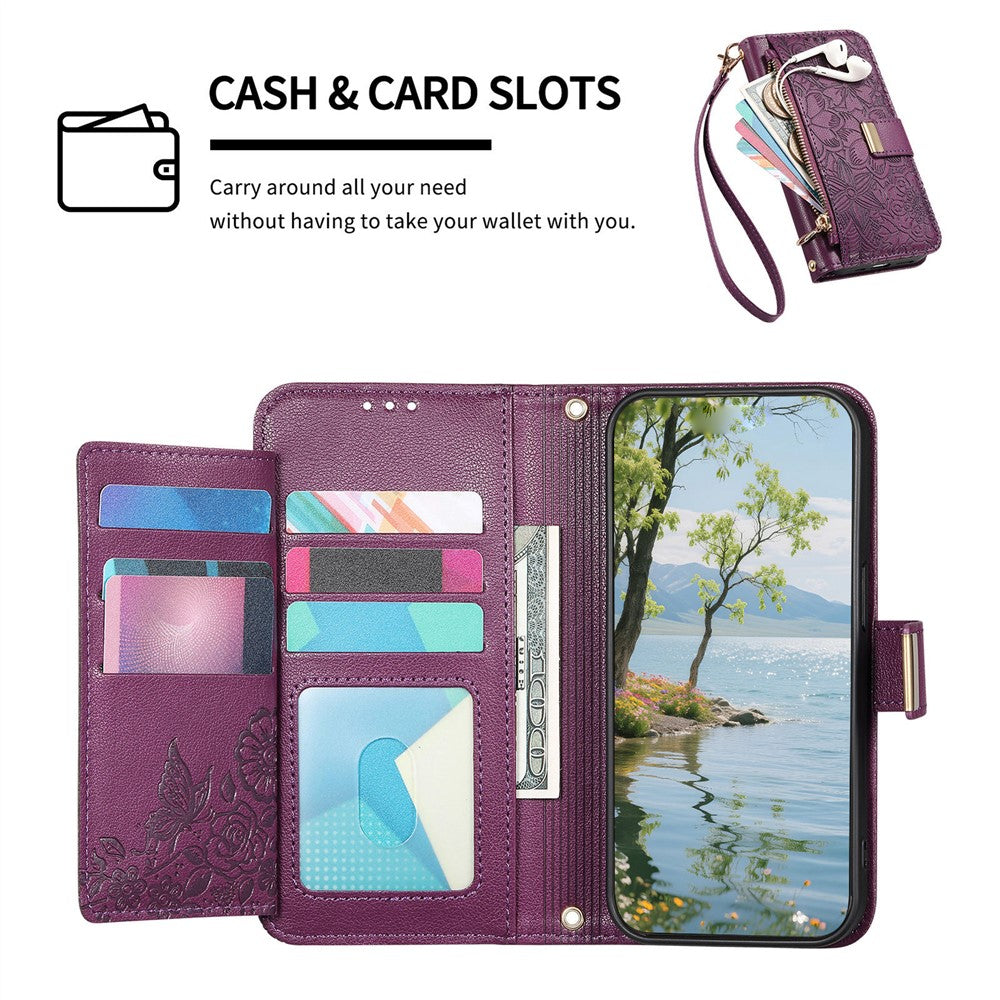For vivo X300 5G Case Floral Leaf Pattern Multi Card Slots Zipper Leather Phone Cover with Wrist Strap - Purple