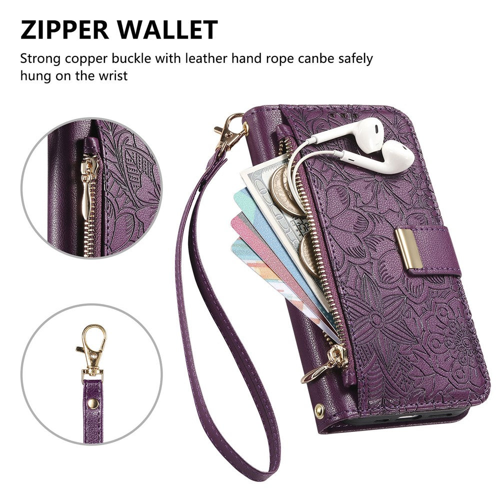 For vivo X300 5G Case Floral Leaf Pattern Multi Card Slots Zipper Leather Phone Cover with Wrist Strap - Purple