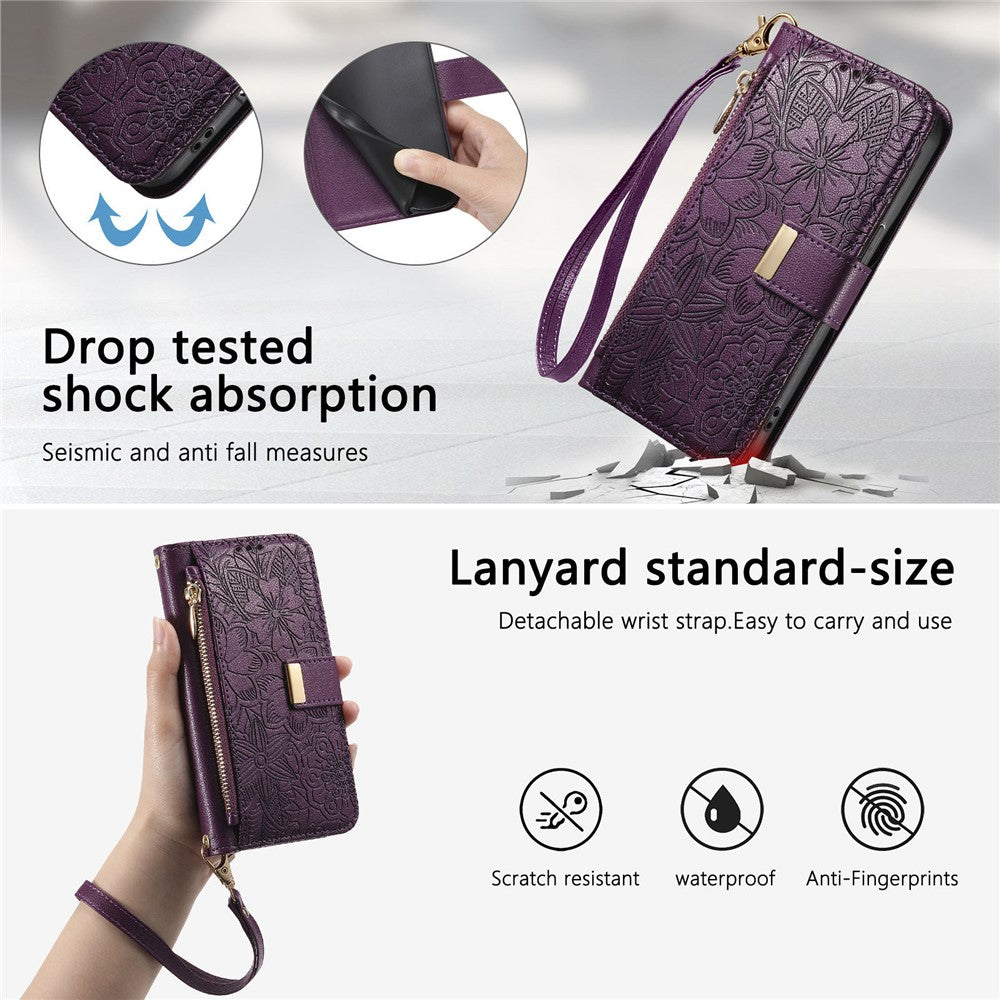 For vivo X300 5G Case Floral Leaf Pattern Multi Card Slots Zipper Leather Phone Cover with Wrist Strap - Purple