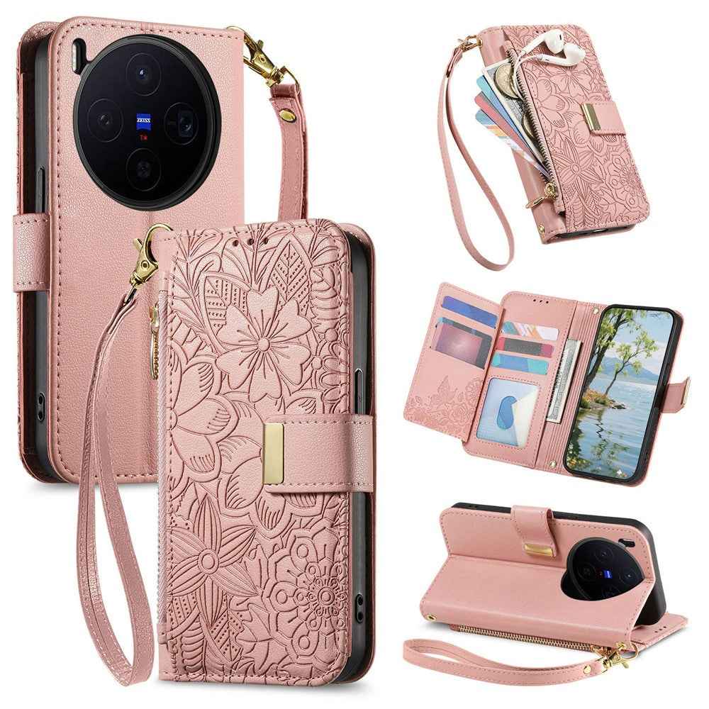 For vivo X300 5G Case Floral Leaf Pattern Multi Card Slots Zipper Leather Phone Cover with Wrist Strap - Pink