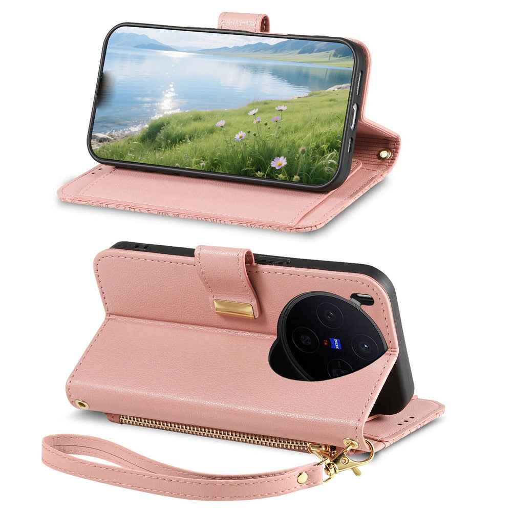 For vivo X300 5G Case Floral Leaf Pattern Multi Card Slots Zipper Leather Phone Cover with Wrist Strap - Pink