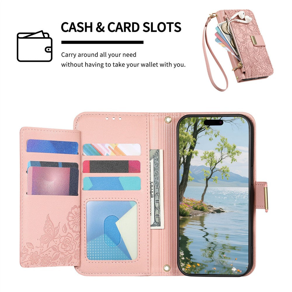 For vivo X300 5G Case Floral Leaf Pattern Multi Card Slots Zipper Leather Phone Cover with Wrist Strap - Pink