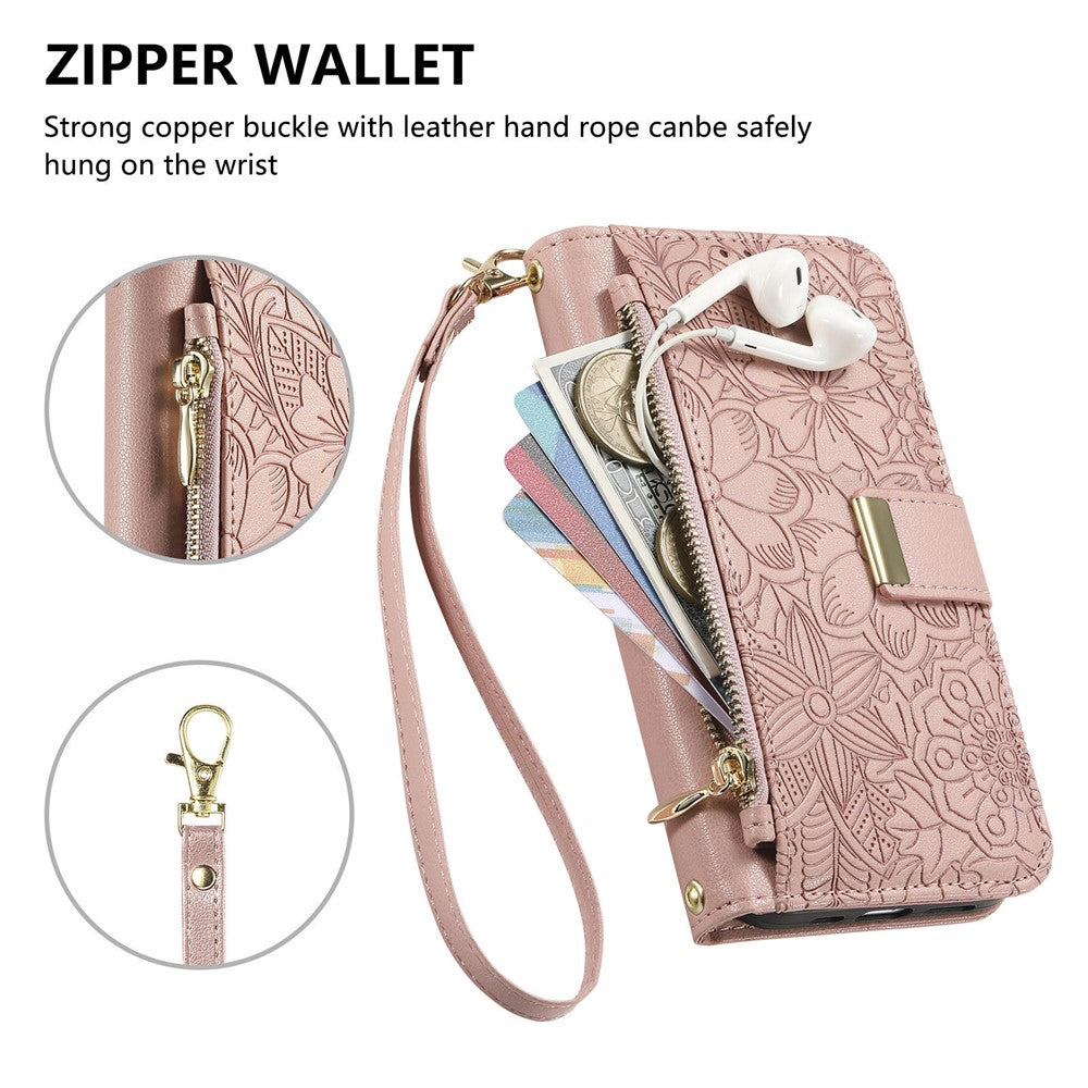 For vivo X300 5G Case Floral Leaf Pattern Multi Card Slots Zipper Leather Phone Cover with Wrist Strap - Pink