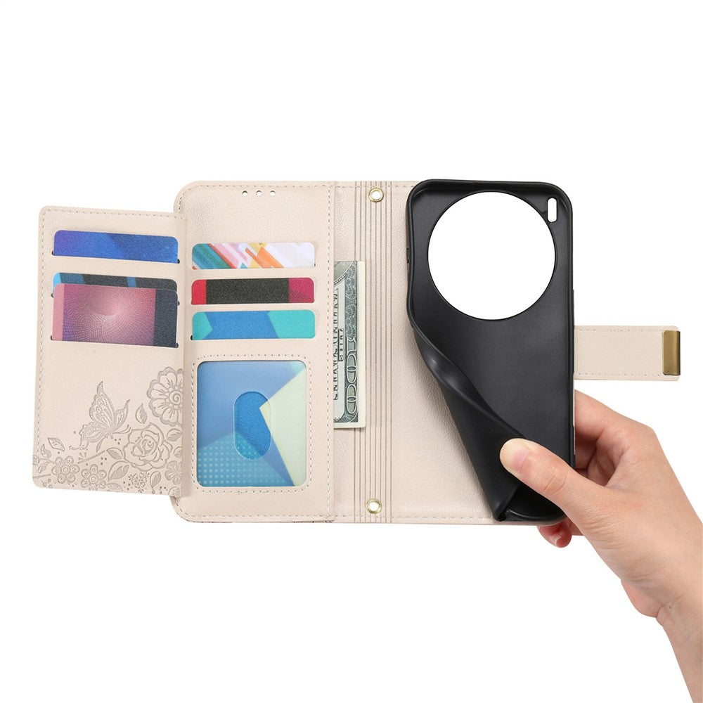 For vivo X300 5G Case Floral Leaf Pattern Multi Card Slots Zipper Leather Phone Cover with Wrist Strap - Grey