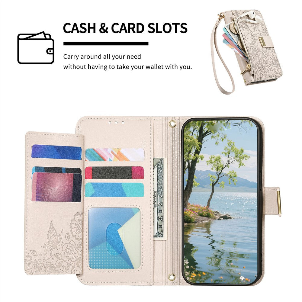 For vivo X300 5G Case Floral Leaf Pattern Multi Card Slots Zipper Leather Phone Cover with Wrist Strap - Grey