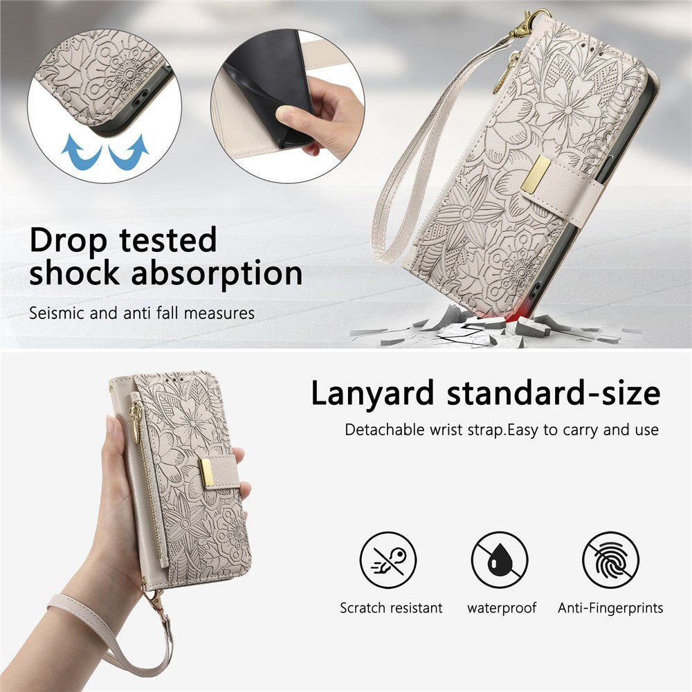 For vivo X300 5G Case Floral Leaf Pattern Multi Card Slots Zipper Leather Phone Cover with Wrist Strap - Grey