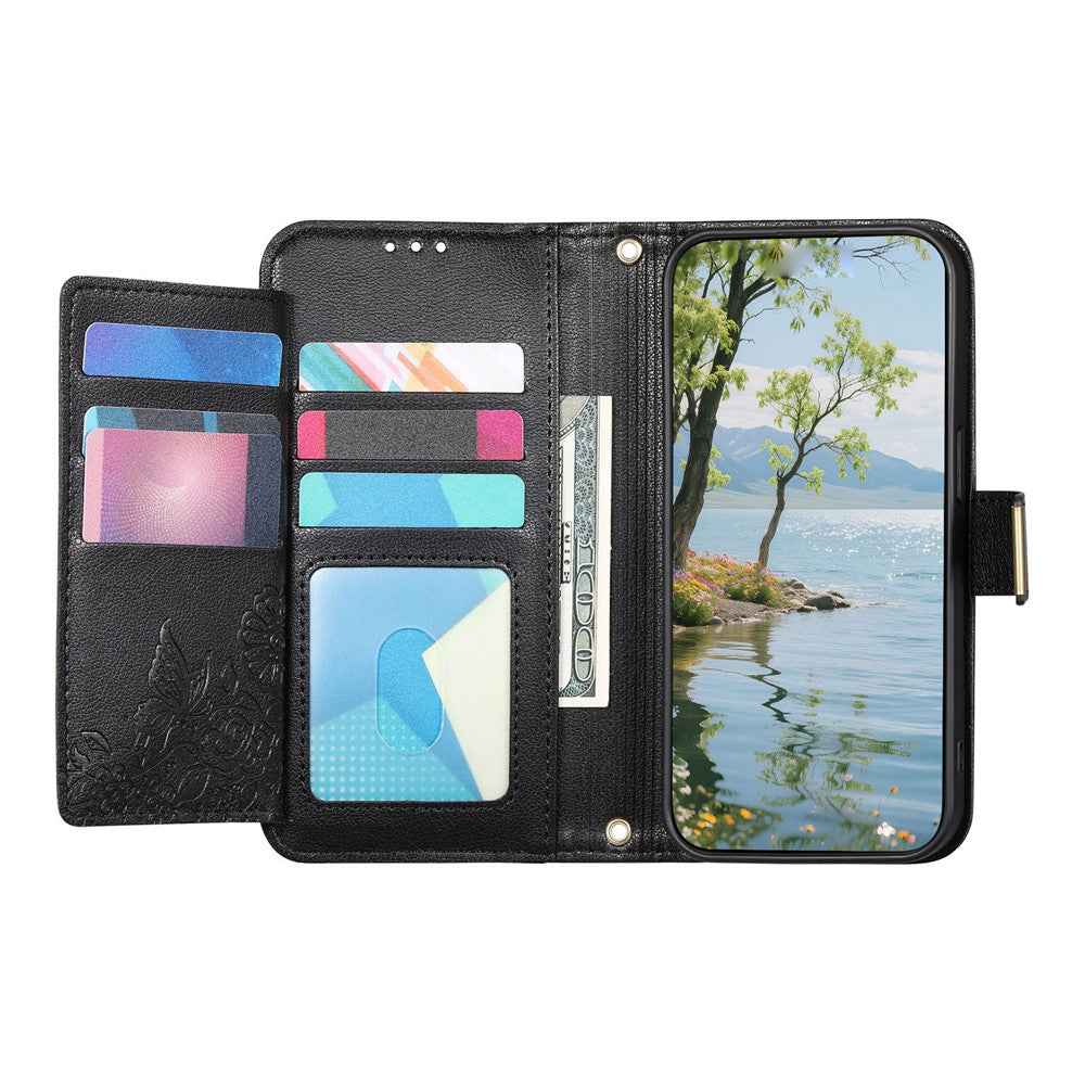 For vivo X300 5G Case Floral Leaf Pattern Multi Card Slots Zipper Leather Phone Cover with Wrist Strap - Black
