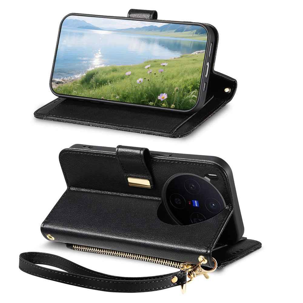 For vivo X300 5G Case Floral Leaf Pattern Multi Card Slots Zipper Leather Phone Cover with Wrist Strap - Black
