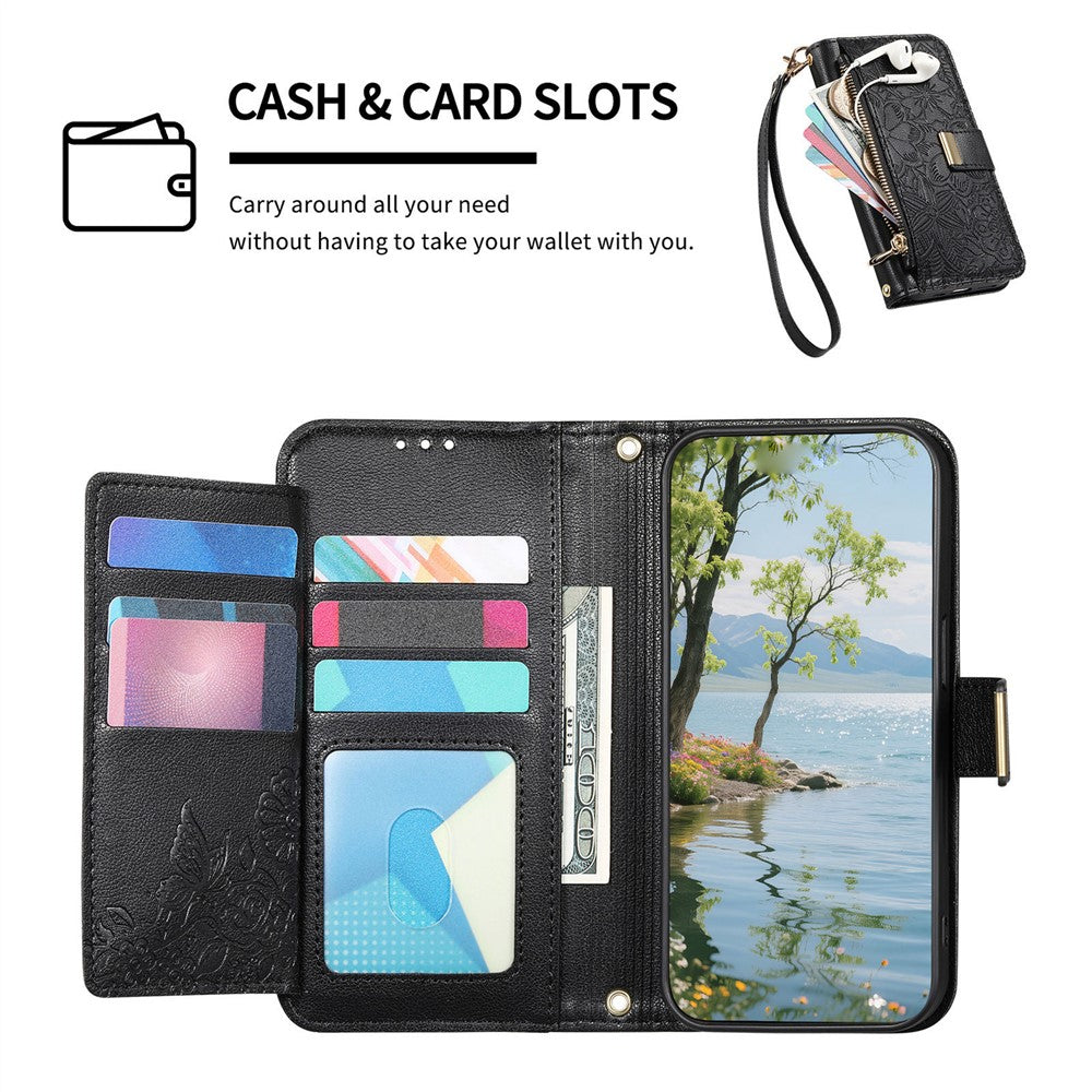 For vivo X300 5G Case Floral Leaf Pattern Multi Card Slots Zipper Leather Phone Cover with Wrist Strap - Black