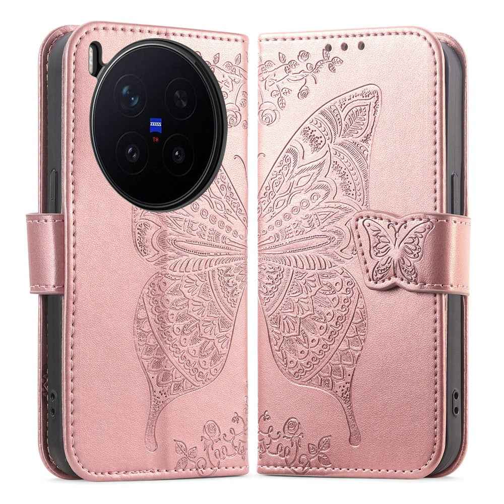 For vivo X300 Pro 5G Case with Strap Butterfly Pattern PU Leather Wallet Phone Cover - Rose Gold