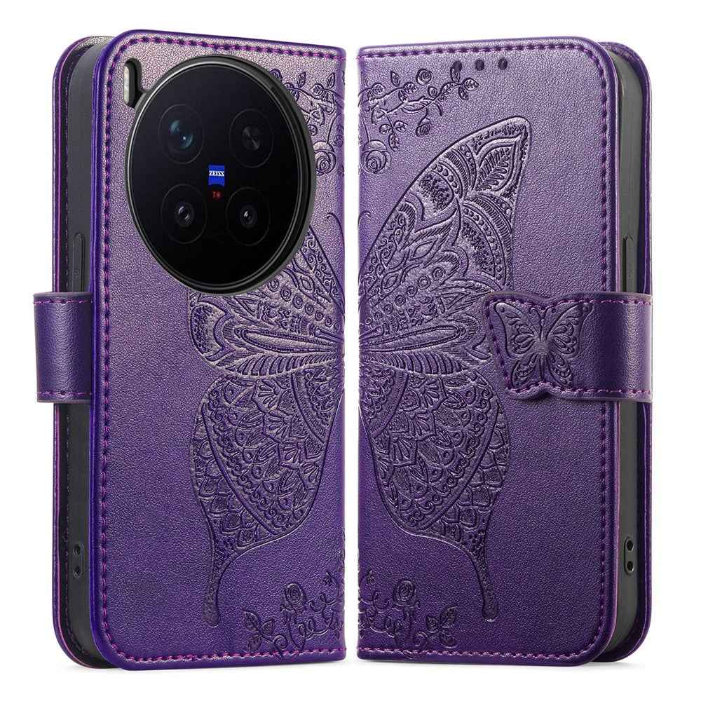 For vivo X300 Pro 5G Case with Strap Butterfly Pattern PU Leather Wallet Phone Cover - Dark Purple