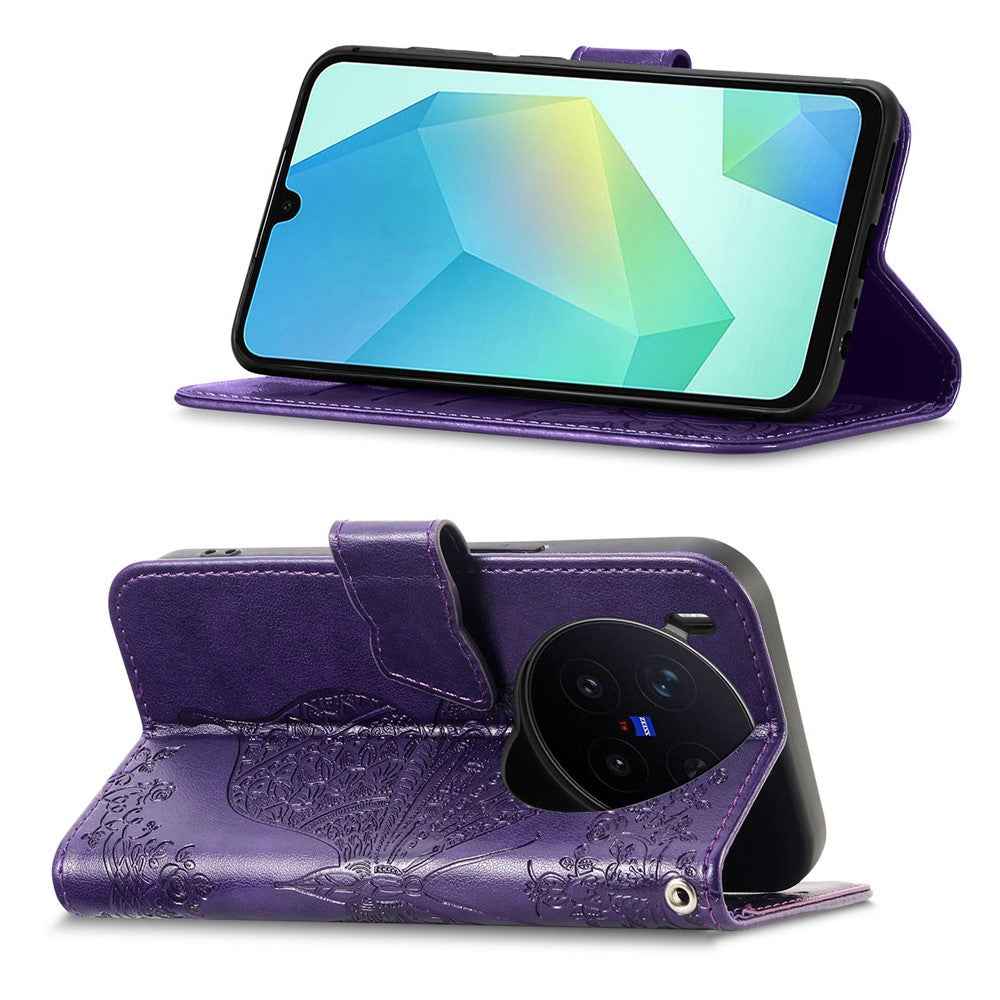 For vivo X300 Pro 5G Case with Strap Butterfly Pattern PU Leather Wallet Phone Cover - Dark Purple