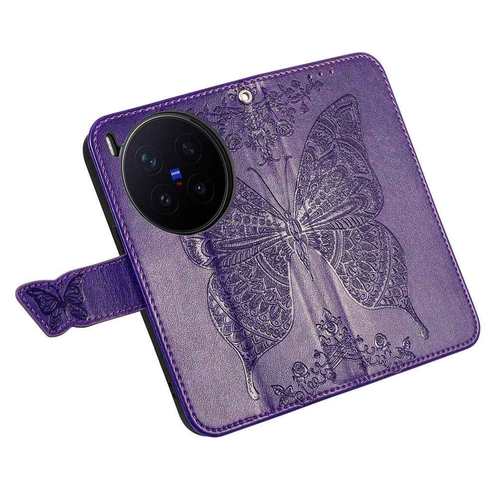 For vivo X300 Pro 5G Case with Strap Butterfly Pattern PU Leather Wallet Phone Cover - Dark Purple