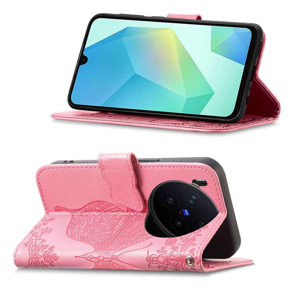 For vivo X300 Pro 5G Case with Strap Butterfly Pattern PU Leather Wallet Phone Cover - Pink