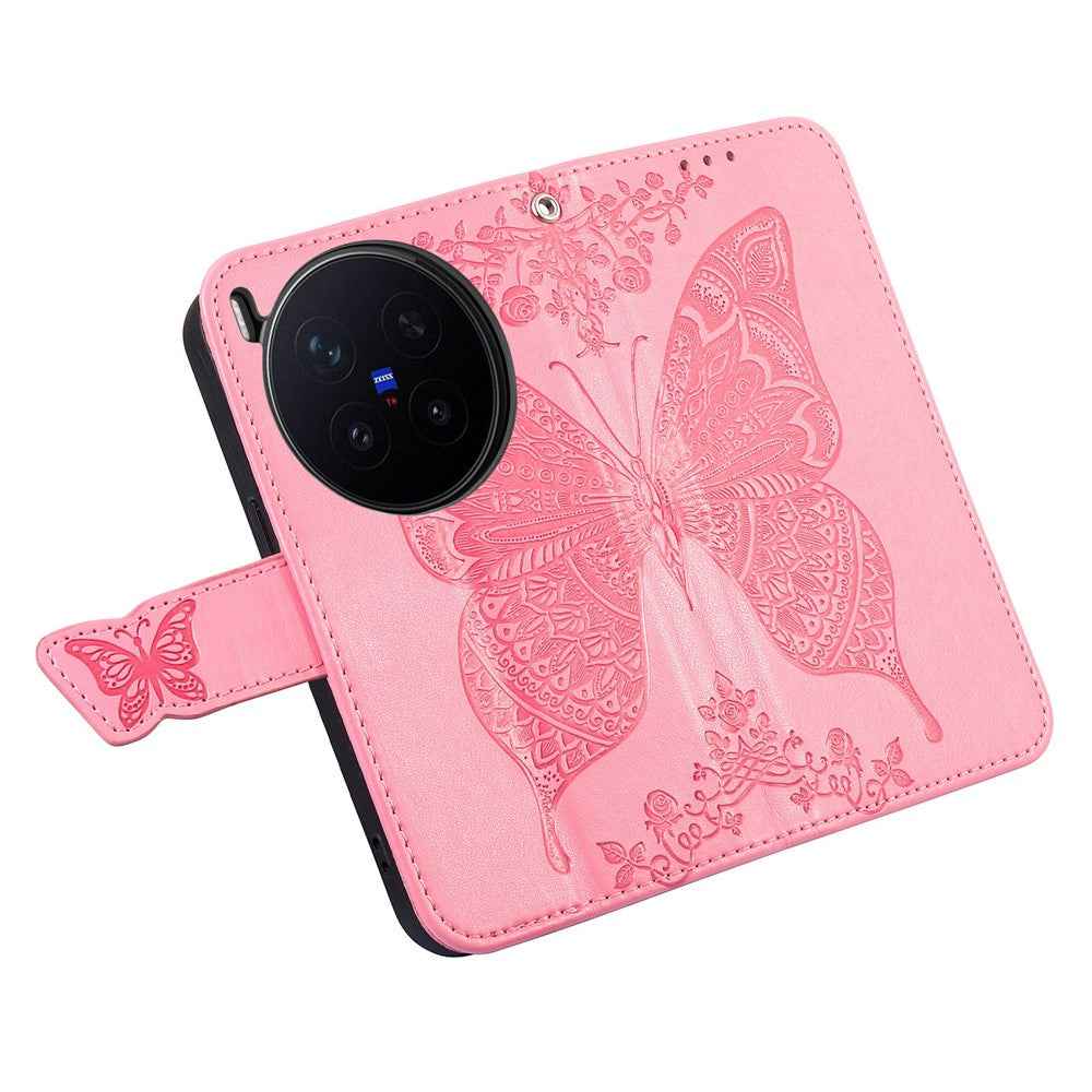 For vivo X300 Pro 5G Case with Strap Butterfly Pattern PU Leather Wallet Phone Cover - Pink