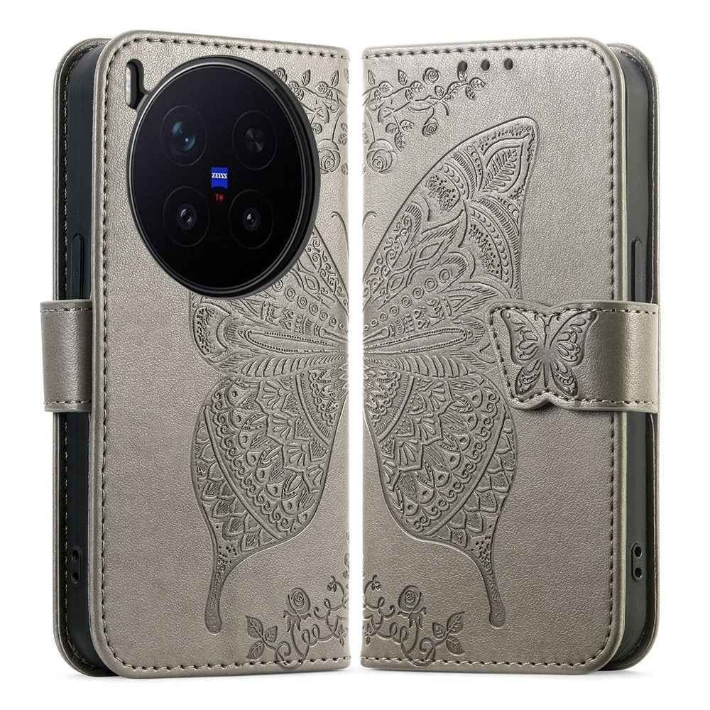 For vivo X300 Pro 5G Case with Strap Butterfly Pattern PU Leather Wallet Phone Cover - Grey