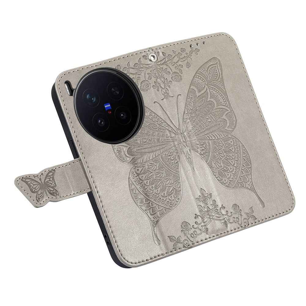 For vivo X300 Pro 5G Case with Strap Butterfly Pattern PU Leather Wallet Phone Cover - Grey