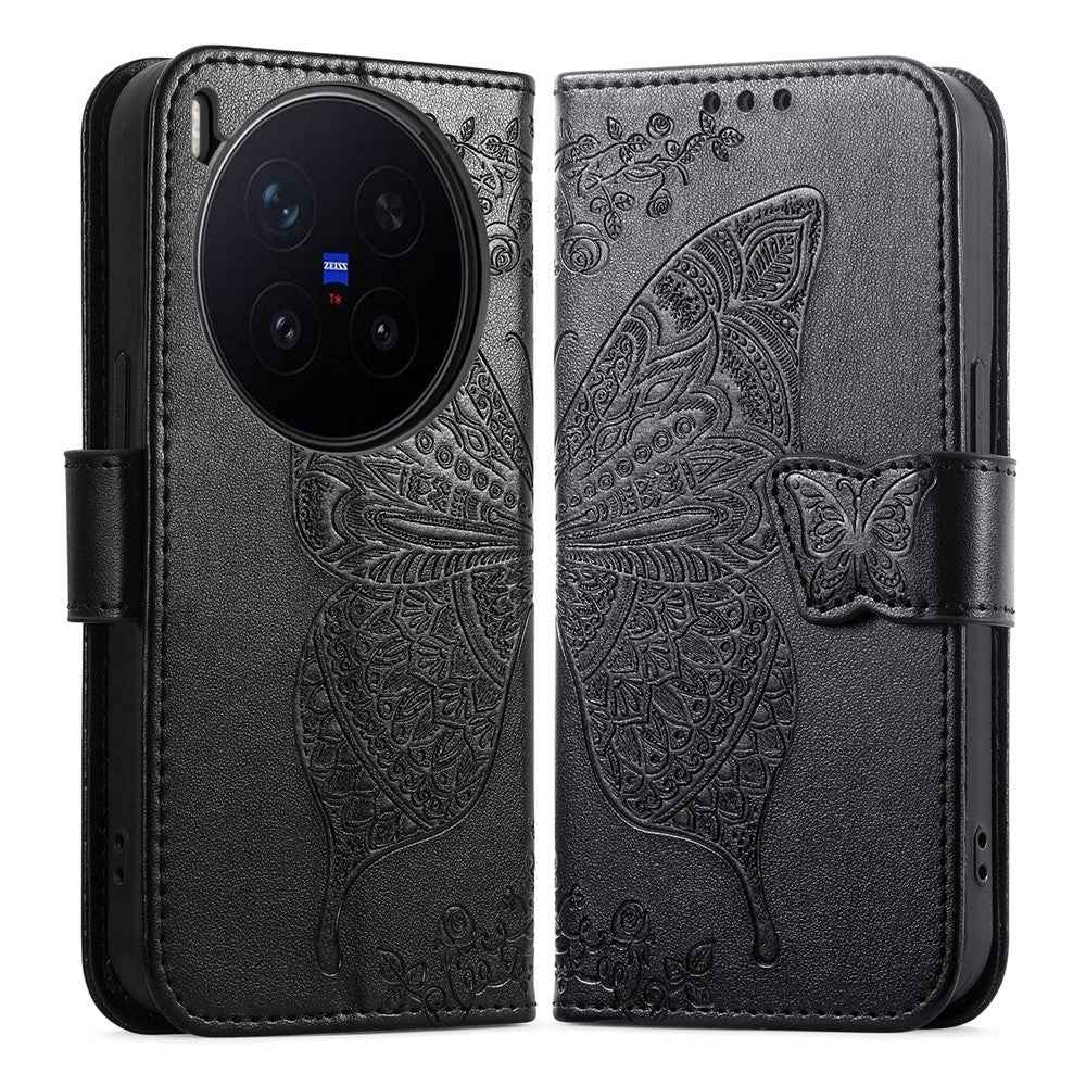 For vivo X300 Pro 5G Case with Strap Butterfly Pattern PU Leather Wallet Phone Cover - Black