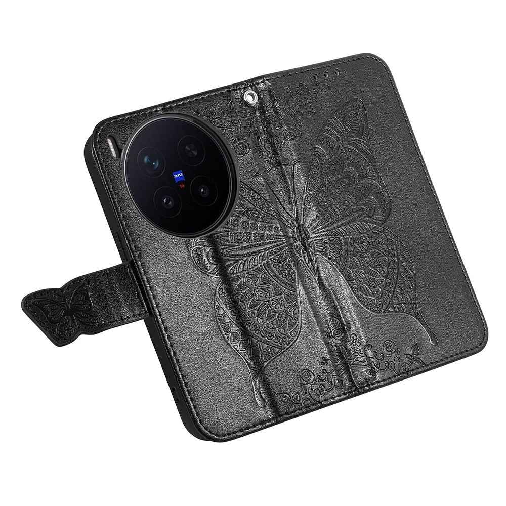 For vivo X300 Pro 5G Case with Strap Butterfly Pattern PU Leather Wallet Phone Cover - Black