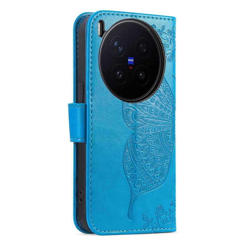 For vivo X300 Pro 5G Case with Strap Butterfly Pattern PU Leather Wallet Phone Cover - Blue