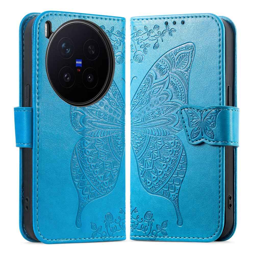 For vivo X300 Pro 5G Case with Strap Butterfly Pattern PU Leather Wallet Phone Cover - Blue