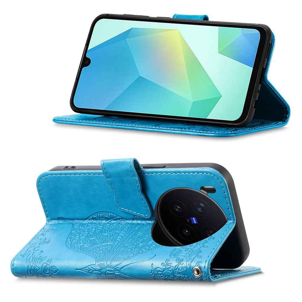 For vivo X300 Pro 5G Case with Strap Butterfly Pattern PU Leather Wallet Phone Cover - Blue
