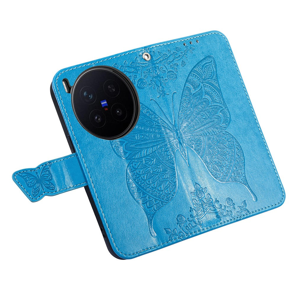 For vivo X300 Pro 5G Case with Strap Butterfly Pattern PU Leather Wallet Phone Cover - Blue
