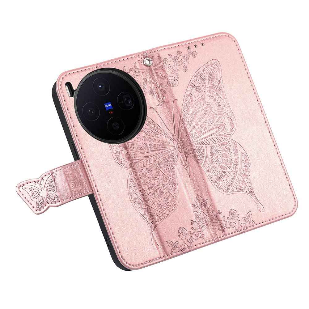 For vivo X300 5G Case with Strap Butterfly Pattern PU Leather Wallet Phone Cover - Rose Gold