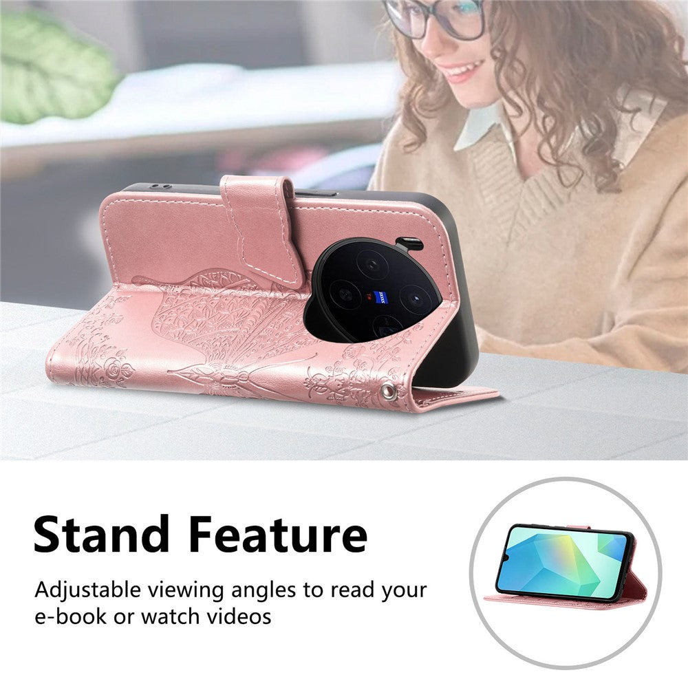For vivo X300 5G Case with Strap Butterfly Pattern PU Leather Wallet Phone Cover - Rose Gold