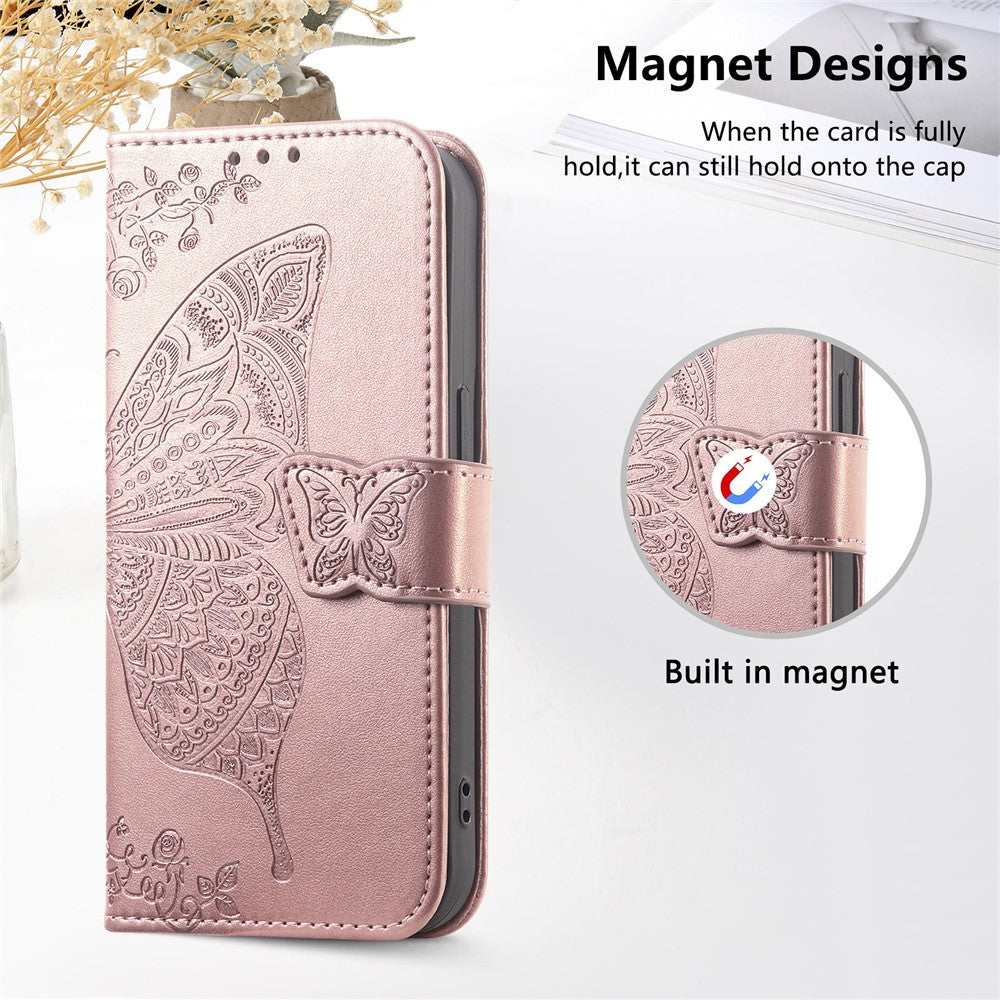 For vivo X300 5G Case with Strap Butterfly Pattern PU Leather Wallet Phone Cover - Rose Gold