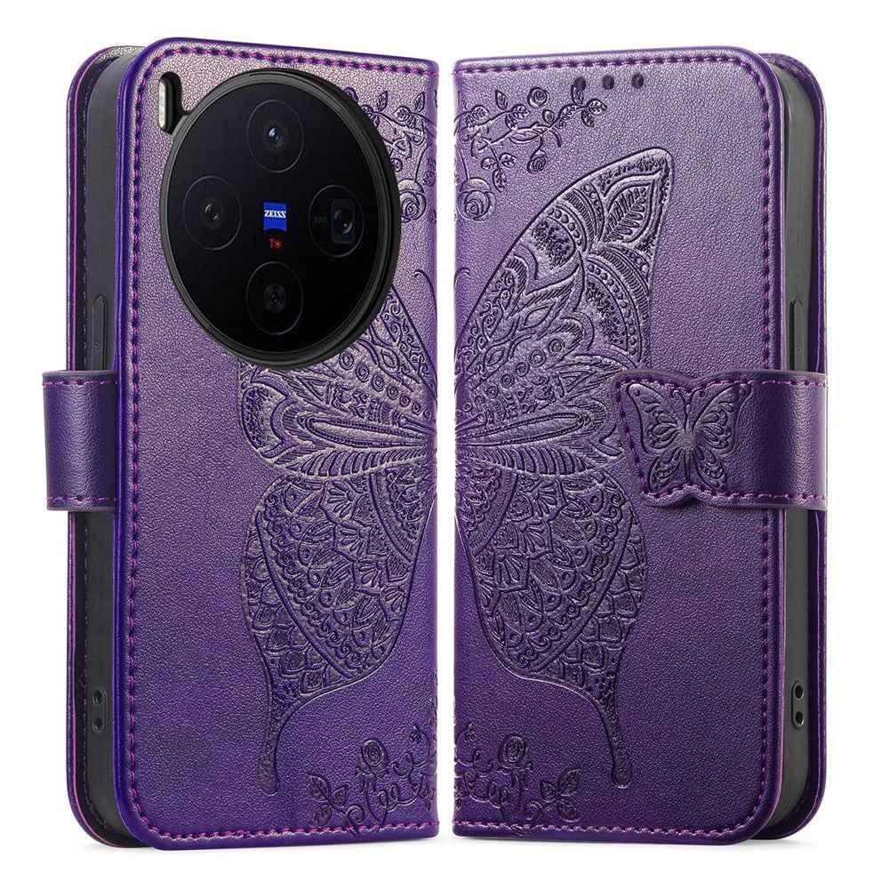 For vivo X300 5G Case with Strap Butterfly Pattern PU Leather Wallet Phone Cover - Dark Purple