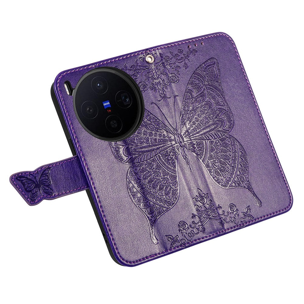 For vivo X300 5G Case with Strap Butterfly Pattern PU Leather Wallet Phone Cover - Dark Purple