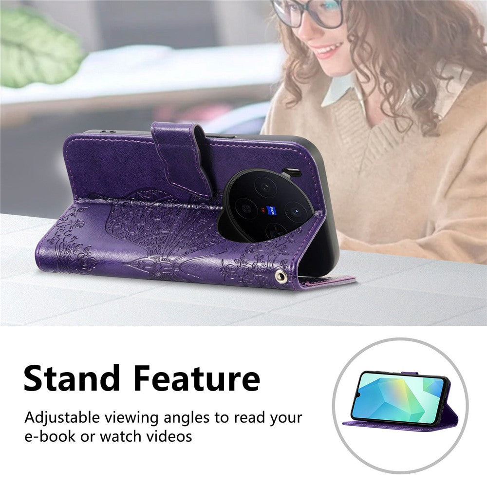For vivo X300 5G Case with Strap Butterfly Pattern PU Leather Wallet Phone Cover - Dark Purple
